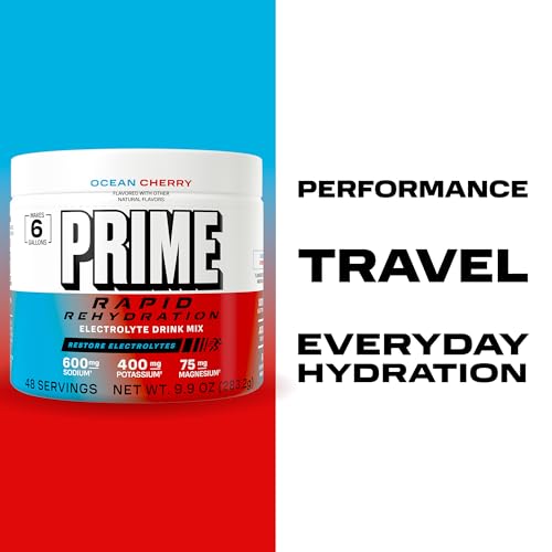 Image of Prime Rapid Rehydration Electrolyte Powder, Ocean Cherry, Sugar Free Hydration Drink Mix with Sodium, Potassium, Magnesium & B Vitamins to Replenish Fluids, Caffeine Free, 6 Gallon Tub, 48 SRV