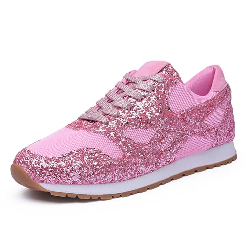 Women's Glitter Sneakers Lace up Casual Flat Sparkle Outdoor Non-Slip Leisure Walking Shoes