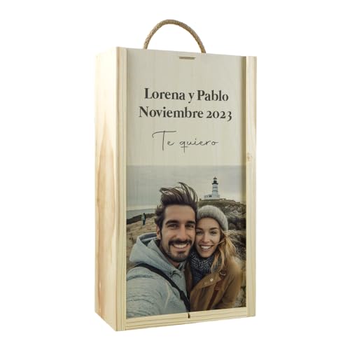 Genérico Caja de Vino Personalizada Foto y Texto Regalo Personalizado Pareja Amigo Amiga Novio Novia San Valentín Cumpleaños (Caja 2 Botellas)
