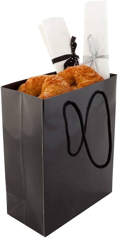 Restaurantware 6.5 Inch x 3.2 Inch Paper Shopping Bags 10 Glossy Finish Paper Party Bags - Rope Handles Cardboard Base Black Paper Gift Bags Reusable For Parties and Shopping