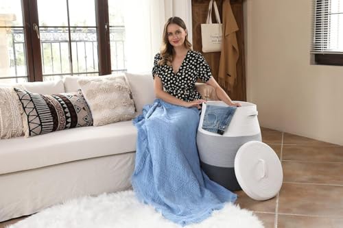 Image of Storage Cotton Rope Basket and Laundry Hamper for Dirty Clothes, Towels, Blankets, Pillows Storage in Living Room, Laundry Room and Bedroom (White Grey & Dark Grey With Lid, 14x18 Inch)