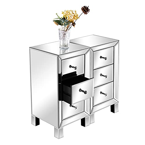 Alightup Table de Chevet Lot de 2 Table de Chevet Miroir en Verre avec 3 Tiroirs Meuble de Rangement Commode Chambre Chevet de Lit pour Adulte sur Salon Chambre Bureau Salle de Bains 30 x 30 x 60 cm