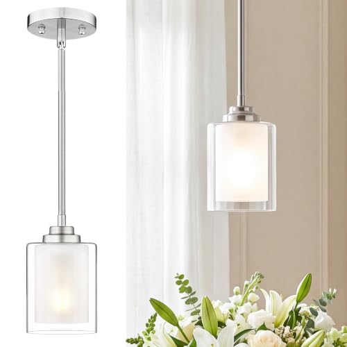 TENGXIN Brushed Nickel Pendant Lights Kitchen Island, Dual Glass Shade