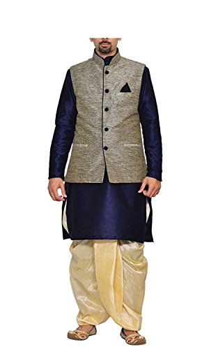 Image of Men's Silk Blend Solid Kurta Dhoti Set with Designer Ethnic Nehru Jacket
