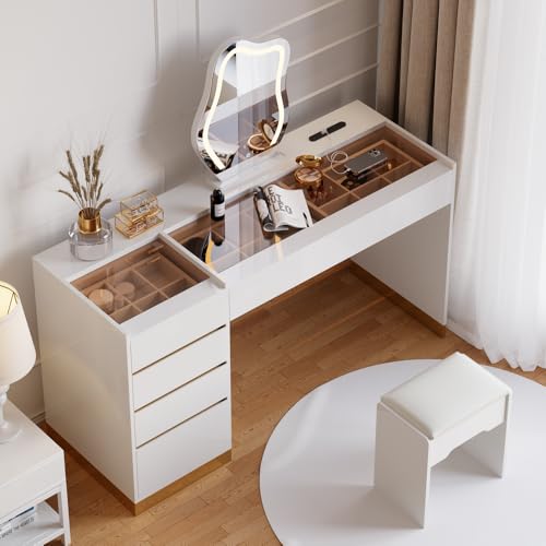 Image of homary Makeup Vanity Desk with LED Mirror & Charging Station, Vanity Table with Tempered Glass Top, 6 Drawers Storage, 3 Color Lighting Modes, Vanity Desk with Chair for Bedroom (White)