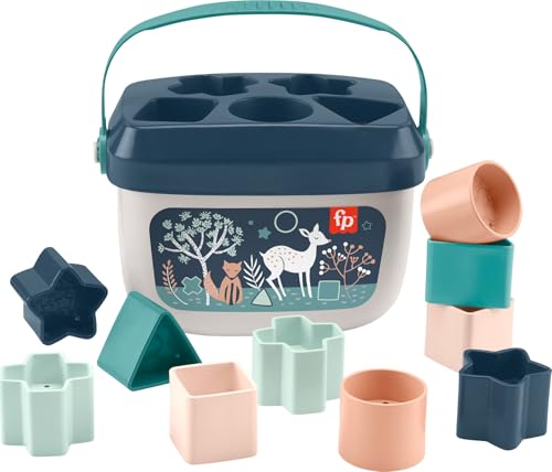 Image of Fisher-Price Stacking Toy Baby’s First Blocks Set of 10 Shapes for Sorting Play for Infants Ages 6+ Months, Navy Fawn​ (Amazon Exclusive)