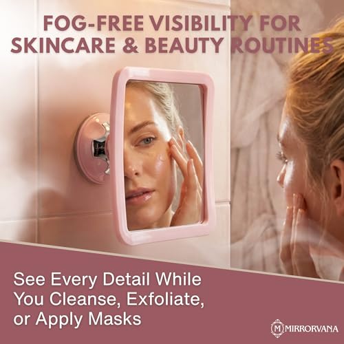 Image of MIRRORVANA Fogless Shower Mirror for Skincare and Grooming, Anti Fog Shatterproof Design with Strong Suction and 360 Swivel, Women's Beauty Routine Friendly Bathroom Mirror - 6.3 inch x 6.3 inch (Pink)