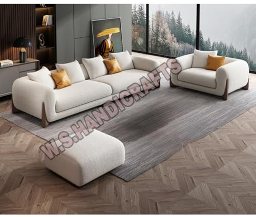 Image of Wooden 6 Seater Sectional Sofa Set | 4+1+1 | Solid Wood Sofa with Changeable Fabric Upholstery, L Shape Couch Furniture for Living Room, Home, Office Seating
