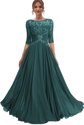 Chiffon Mother of The Bride Dresses for Wedding Lace Formal Dress with Sleeves Long Evening Party Gown