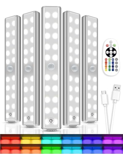 Image of Under Cabinet Lighting,48LED RGB Rechargeable Under Cabinet Lights with Remote,Dimmable & 15 Color Temps,Magnetic Closet Light Bar,Wireless Under Counter Lights for Kitchen,Car,Shelf(5 Pack)