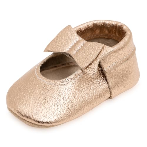 BirdRock Baby Bow and Knot Moccasins - Genuine Leather Baby Girl Shoes (Rose Gold Bow, US 8)