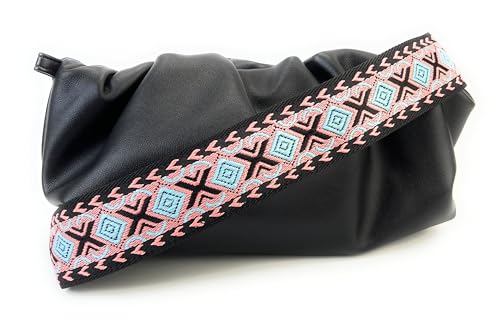 Image of Black Pink Blue Boho Diamond Purse Strap with Light Gold Hardware 2 Inch Wide Replacement Crossbody Guitar Style Shoulder Strap for Handbags Totes