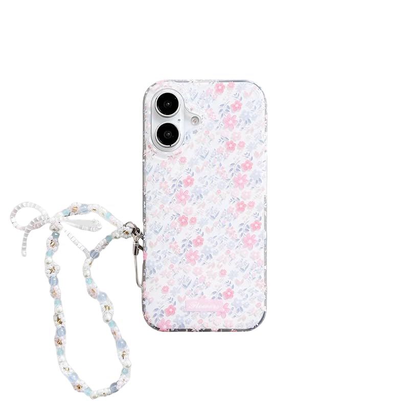 ZUDIISO for iPhone 16 Pro Max Case，Floral Pattern iPhone Case with Beaded Cute Phone Strap, Shockproof，Pink and Blue Flowers for Women and Girls (