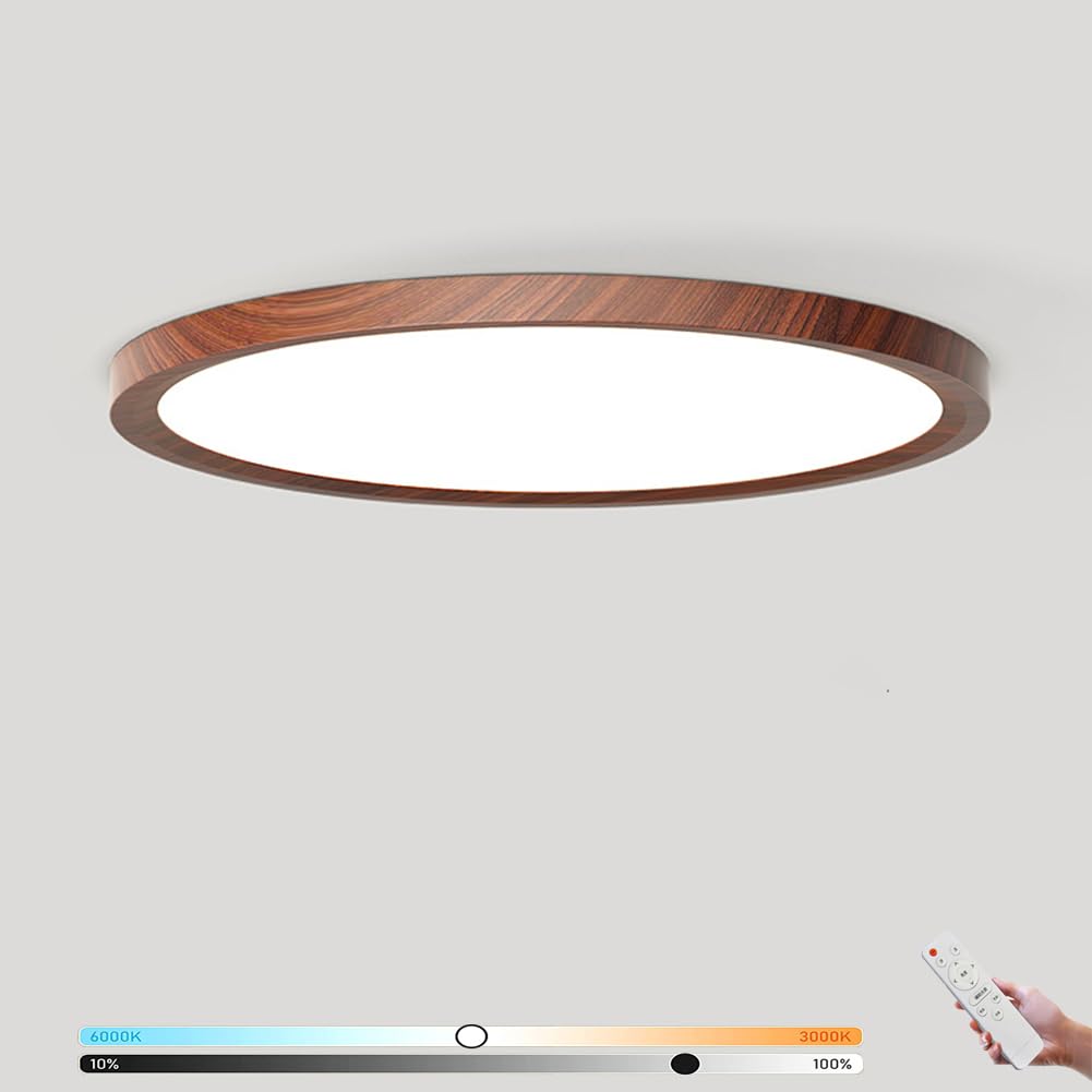 Holz LED Deckenleuchte Dimmbar mit Fernbedienung Deckenlampen Moderne Runde Deckenbeleuchtung Innen Flach Leuchte Acryl Deckenleuchten für Wohnzimmer Schlafzimmer Büro Küche Diele Flur,30CM