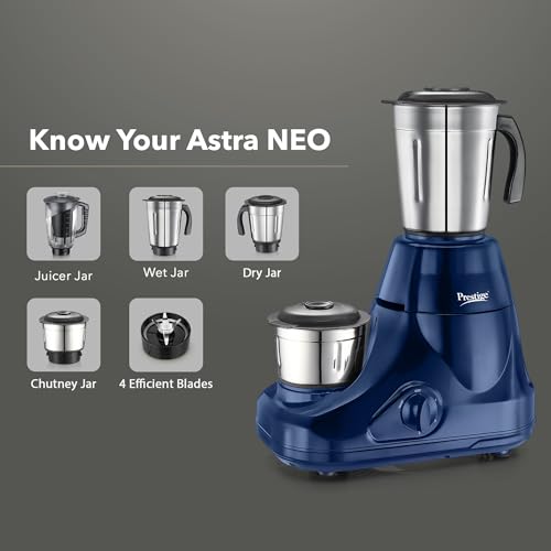 Prestige Astra Neo 750 Watt Mixer Grinder with 4 Jars (3 Stainless Steel + 1 Juicer) | Space-Saving Stacking Design | Super Efficient SS Blades | Blue |2Y Warranty | ISI Certified view 2