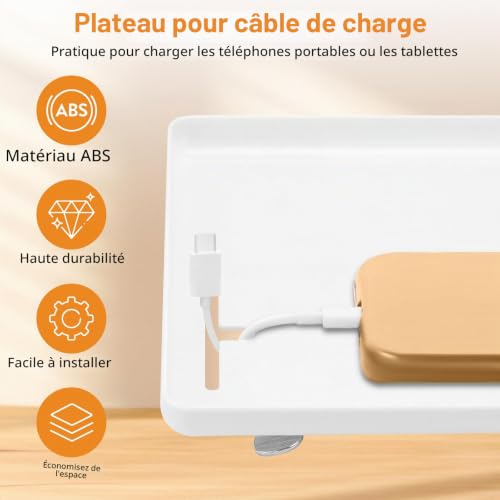 Table de Chevet à Pince Blanche, étagère de lit 32×23,3×5,3 cm en ABS, Compatible avec Lits superposés, Organiseur de lit à Pince avec Passage de câble, Table de Chevet à Pince pour Chambre, fenêtre – vue 4