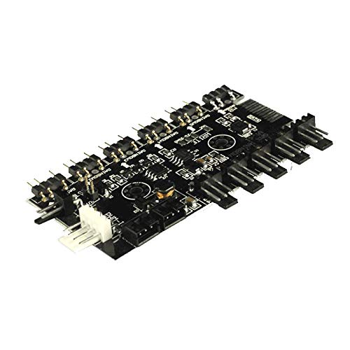 Angled view of the GAMEMAX PWM+Rainbow HUB V1.61, highlighting the various connection ports for fans, RGB devices, and power.