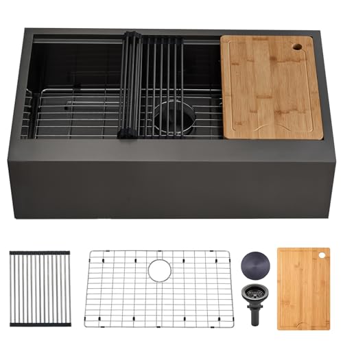Image of SHACO 33 Inch Black Farmhouse Sink, 33x20 Gunmetal Black 16 Gauge Stainless Steel Single Bowl Workstation Flat Apron Front Farm Kitchen Sink with Cutting Board