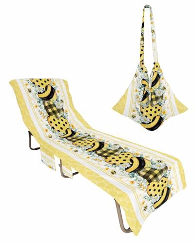 Summer Bee Beach Lounge Chair Towel Cover, Soft Chaise Lounge Towel with Side Pockets Patio Pool Chairs Cover for Beach/Pool Sunbathing 29x85 Honey Yellow Flower Love Heart Eucalyptus