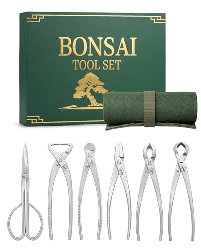 6-Piece Bonsai Tools Set with Tool Roll Bag Organizer, Heavy Duty Bonsai Tree Kit, Include Concave Cutter, Knob Cutter, Trunk Splitter, Bonsai Scissors, Wire Cutter, Jin Pliers