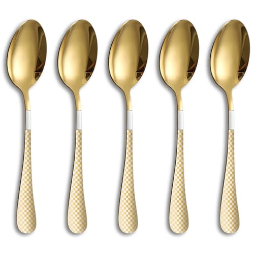 Image of Dinner Spoon Set of 5 ? 8.1 inch Aurum Gold Finish Tablespoons with Checks Printed Handle, Durable Stainless Steel & Dishwasher Safe Silverware for Home, Restaurant, and Gifting