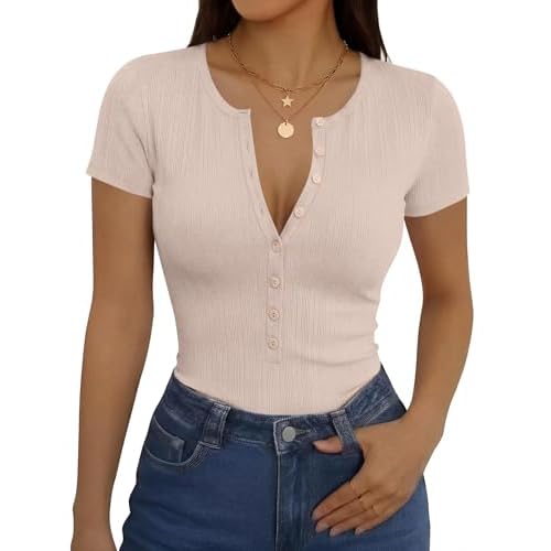 Rapbin Womens Short Sleeve Tops Casual Henley Ribbed Shirts Basic V Neck Button Down T-Shirts