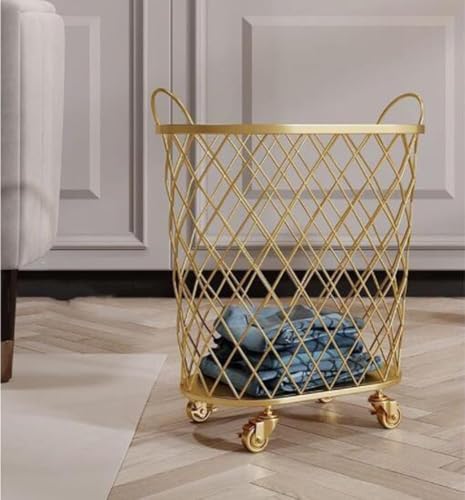 SFSLBFB Mesh Metal Laundry Hamper With Wheels, 360° Rolling Round Basket - Steel Frame, Handle - Iron Bathroom Dirty Clothes Toy Storage - Easy Transport & Organization For Home Décor(Color:Gold)