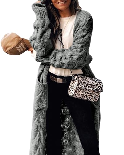 ZIWOCH Women's Cable Knit Open Front Long Cardigan, Gray