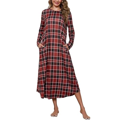 Marvmys Women Long Sleeve Nightgowns Round Neck Long Nightshirts with Pocket Sleepwears S-3XL 3X-Large Red Plaid
