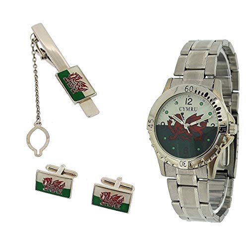 Boxx Wales Welsh Flag Cymru Metal Bracelet Watch Cufflinks Mens Gift Set