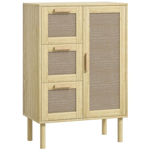 HOMCOM Meuble Salle de Bain Rangement bohème avec tiroir et Placard, étagères Ajustables, Porte à rotin, Armoire pour Salle de Bain, Salon ou Cuisine...