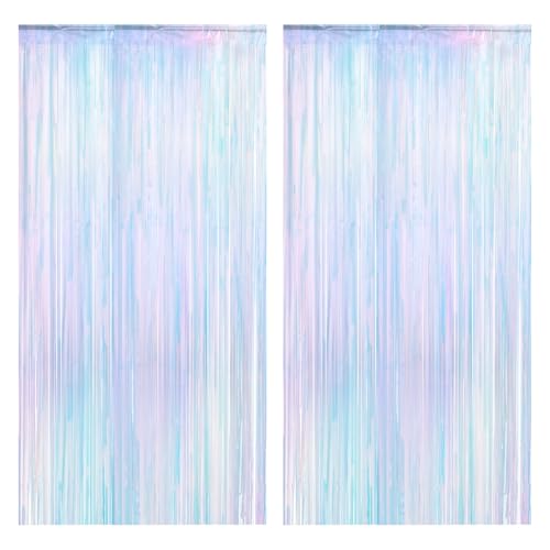 2 Pack Iridescent Foil Fringe Backdrop, Neon Transparent Holographic Curtains Glitter Photo Booth...