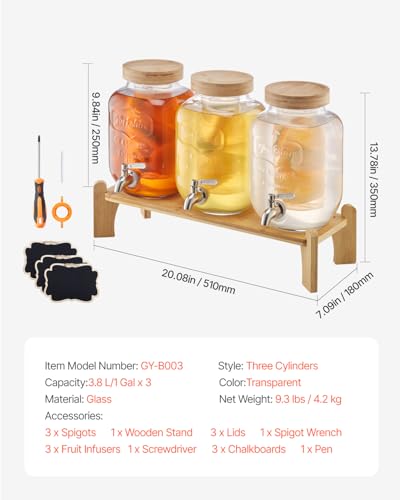 Image of VEVOR Beverage Dispenser, 3 Pack 1 Gallon Drink Dispensers for Parties, Glass Juice Dispenser with Wood Stand, Stainless Steel Spigot, Infuser, Iced Tea Lemonade Juice Water Dispensers for Parties