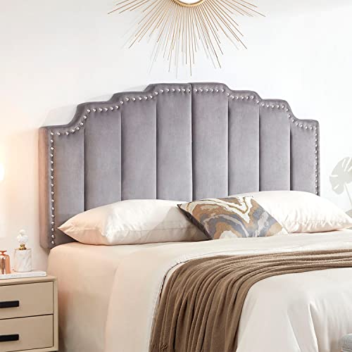 Kingfun Mid Century Headboard For Queen Size Bed, Velvet Upholstered Tufted Bed Headboard With Nailhead Decor, Adjustable Curved Solid Wood Head Board Vertical Channel Design (Medium Grey) #TOP2