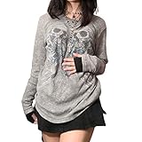 Women's Y2k Shirts Skull Graphic Casual Loose Long Sleeve Gothic Tops Fairy Grunge Shirts Basic Subver Sive Clothing C1 Subversive Grey X-Large