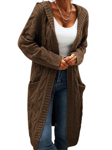 Image of Women Hooded Open Front Cardigan Cable Knit Chunky Long Sweater Coats | solid color, cable knit ,long duster cardigan,chunky coatigan,winter ,falll ,side pockets