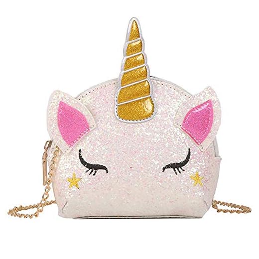 Enhörning paljetter handväska INTVN, söt kedja axelväska enhörning tecknad crossbody budbärare, mode liten glitterväska handväskor flickor crossbody (vit)