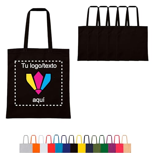 Regalix Shop   Tote bag personalizada   Pack 5 uds. 14 colores – Asas largas, 38 x 42 cm – Ideal para regalos, eventos y pequeños negocios   Bolsa tela personalizada resistente para compra (5, Negro)