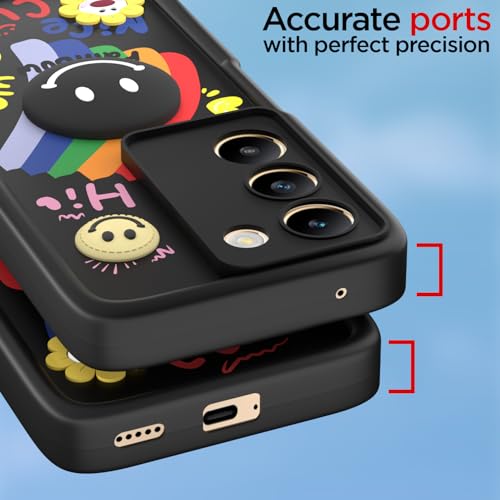 Image of Pikkme Back Cover for Vivo Y200e 5G / Vivo T3 5G | Soft Silicone| Cute Rainbow Smile & 3D Cartoon Flower Design | Shockproof Raised Camera Protection Bumper Case (Black)