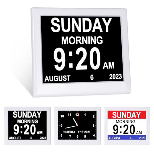 TSITSC Dementia Clock, 8" Day Date Time Clock for Seniors Elderly Digital Calendar Digital Day Clock with 12 Alarms + Auto-Dimming for Impaired Vision Memory Loss Patients (White)