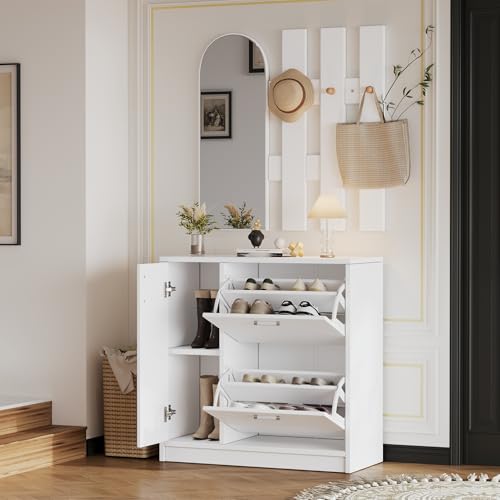 Oslghy Garderobenset Wandgarderobe, Garderoben Set mit Garderobe, Spiegel und Kleiderhaken, Garderobenständer mit Schuhschrank mit Klapptüren, Moderne Schlichtheit Flurgarderobe, 80x30x180cm (Weiß) Oslghy Garderobenset Wandgarderobe, Garderoben Set mit Garderobe, Spiegel und Kleiderhaken, Garderobenständer mit Schuhschrank mit Klapptüren, Moderne Schlichtheit Flurgarderobe, 80x30x180cm (Weiß)