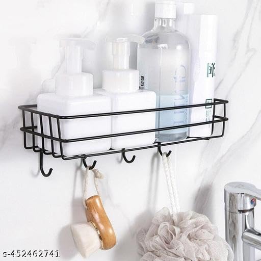 (Pack of 2) Steel Self-Adhesive Multipurpose Bathroom Shelf with Hooks/Towel Holder/Rack/Bathroom Accessories-Wall Mount - Pack of 2 (Black,Powder Coated)|BHR-P1013 2