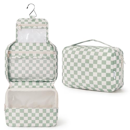 Narwey Small Hanging Travel Toiletry Bag for Women, Travel Bag for Toiletries, Checkered Makeup Bag Organizer Cosmetic Bags Make Up Bags for Girls (Mint Green Checkerboard)
