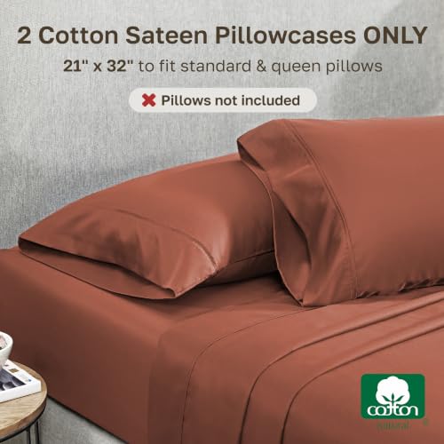 Image of California Design Den Pillowcases Standard /Queen Set of 2-400 Thread Count, 100% Cotton Sateen, Soft and Breathable Queen Pillow Case Pair - Rust