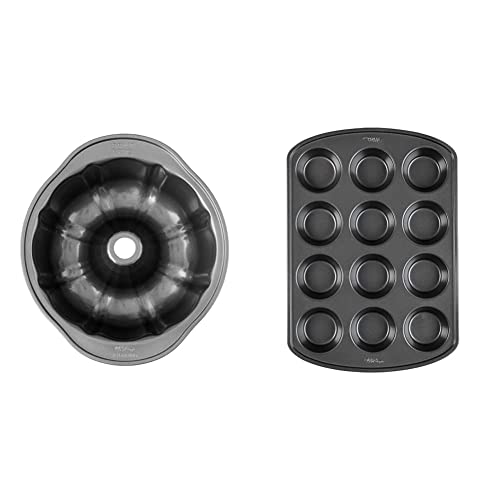 Image of Wilton 9-Inch Steel Round Fluted Tube Cake Pan, Non-Stick, 12-Cup, Black