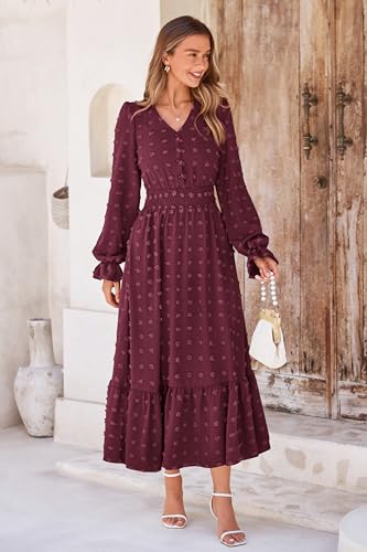 MASCOMODA Women Maxi Dress 2025 Fall Long Sleeve V Neck Swiss Dot Boho Smocked High Waisted A-Line Tiered Flowy Long Dresses3