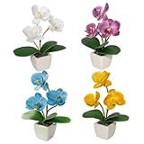 BINFEN Mini Artificial Silk Orchid Potted Flowers - 4pcs Real Touch Fake Small Plants in Ceramic Vase for Home Office Bathroom Living Room,Tiny Faux Table Shelf Decor Indoor