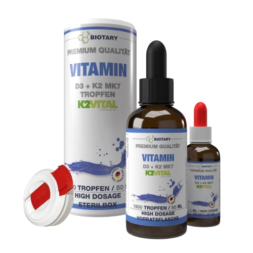 VITAMIN D3 K2 MK7 (K2VITAL®), 50ml = 1800 Tropfen, INCLUSIVE STERILBOX + REISEFLÄSCHCHEN, hochdosiert 1.000 I.E. = 25µg D3 + 20µg K2, hohe Bioverfügbarkeit durch MCT C8-Öl, 99,7+% All-Trans Cover