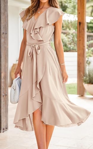 Image of PRETTYGARDEN Women's 2023 Summer Wrap Maxi Dress Casual Boho Deep V Neck Short Sleeve Ruffle Hem Split Beach Long Dresses