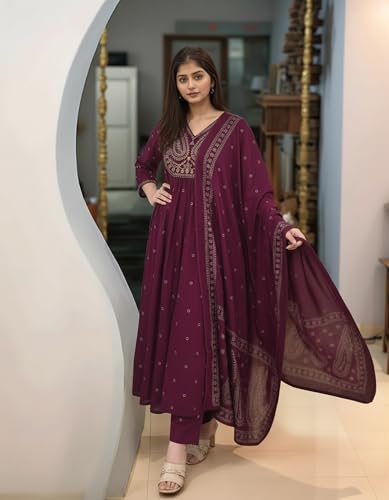 Image of ANNI Designer Women's Rayon Viscose Printed Embroidered Anarkali Kurta with Pant & Dupatta | Ethnic Kurti Set with Embroidery | Soft Comfortable Fabric | Stylish Outfit for Festive, Office